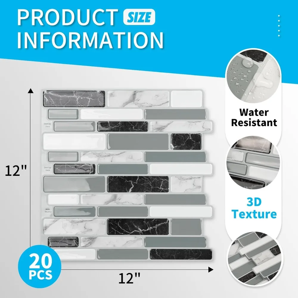 20枚入り剥がして貼るだけキッチンバックスプラッシュタイル、キッチンとバスルーム用の自己粘着壁タイル、12x12、マーブルグレー