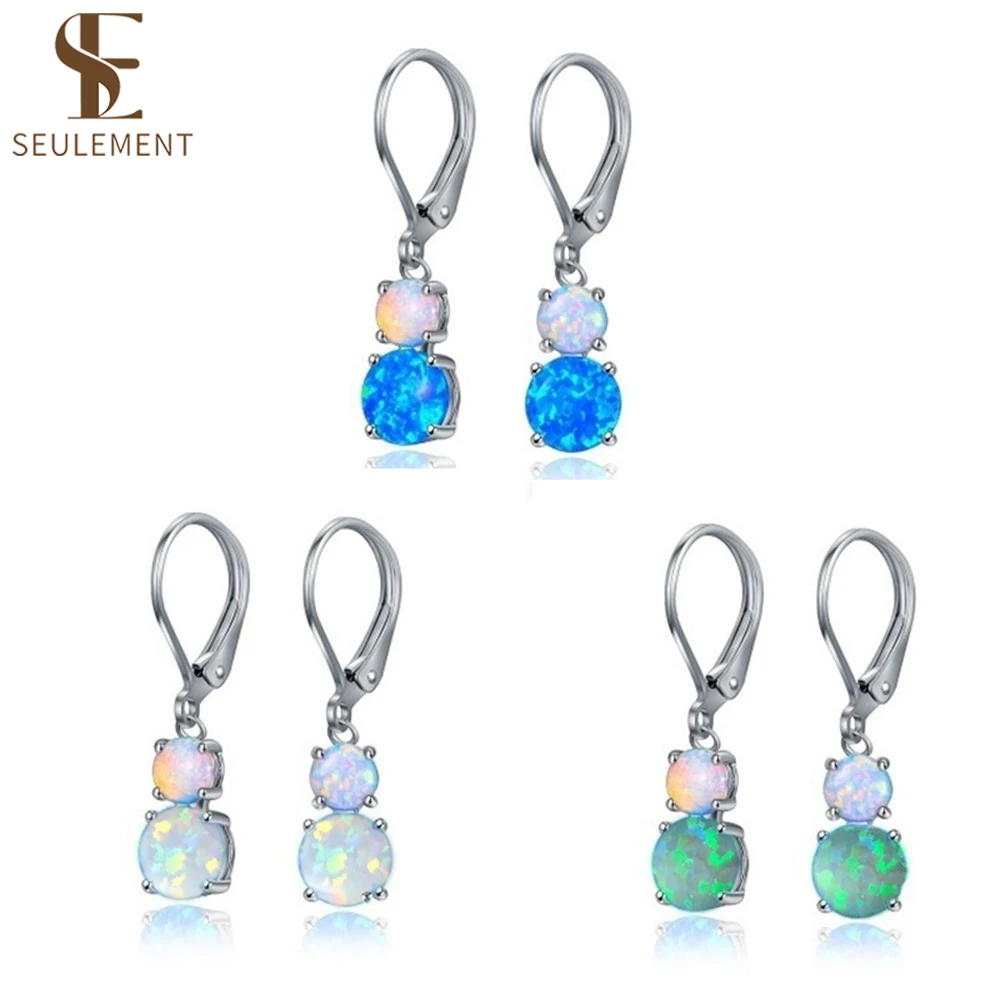 Seulement Hypoallergenic Opal Earrings for Women Girls Sensitive Ears White/ Green/ Blue Round Opal Drop Earrings Jewelry