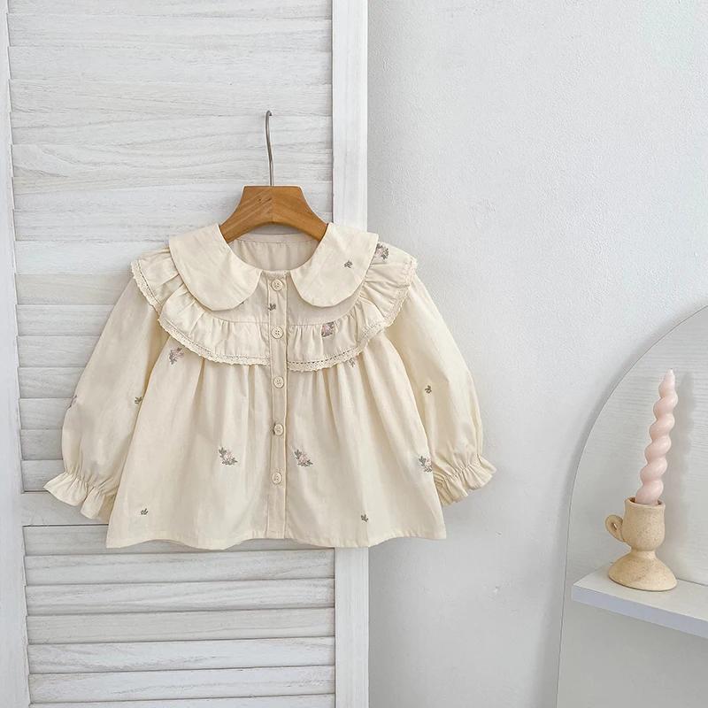 Baby Girl Floral Blouse Lace Ruffle Long Sleeve Shirts Infant Cotton Loose Sweet Cream Color Kid Casual Tops Spring Autumn