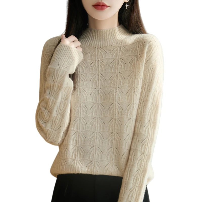 

Seamless Fan Shaped Hollow Out Style Pullover Women Knitting Australian Wool Sweater Half Height Neck High quality Loose Tops
