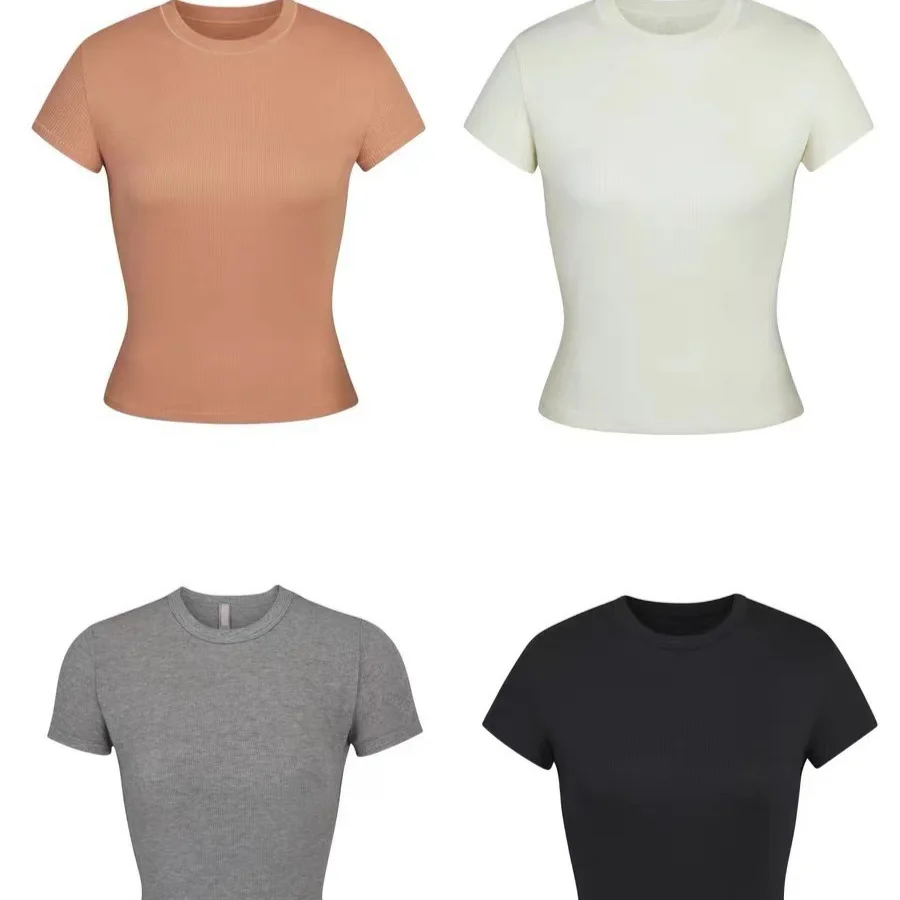 カーダシアンスタイル スリムフィット 半袖Tシャツ 伸縮性のあるリブ編みベースレイヤートップ レディース サマーファッション ラウンドネック ポリエステル混紡