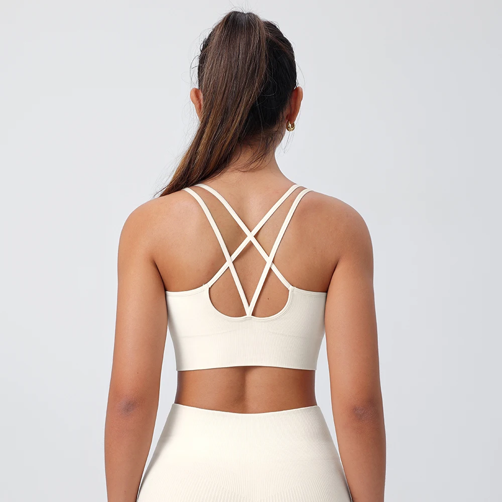 Strappy Tank Yoga Sports Vest With Chest Pad Ribbed High Elastic Women Sports Yoga Bras