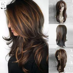WHIMSICAL W-Perruque Synthétique Longue Ondulée Naturelle pour Femme, Cheveux Bruns Ombré, Document Mixte, Degré de Chaleur