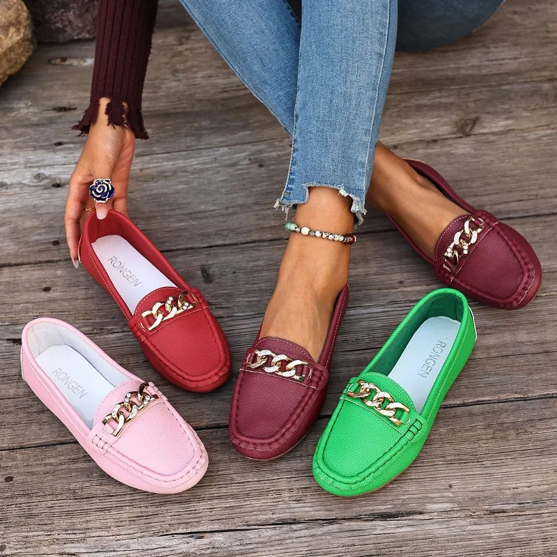 New Women's Casual Metal Chain Decoration Single Shoes Spring Autumn Round Toe Soft Sole Flat Women Loafers Zapatos De Mujer