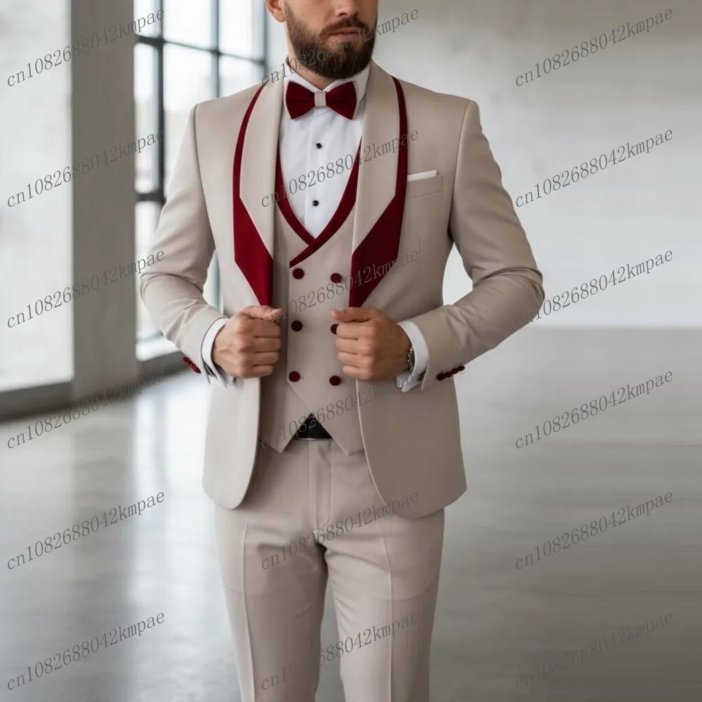 

New Red Collar Beige Formal Men Suit Groom Groomsman Wedding Party Prom Business Male Tuxedos 3 Piece Set Blazer Vest Pants