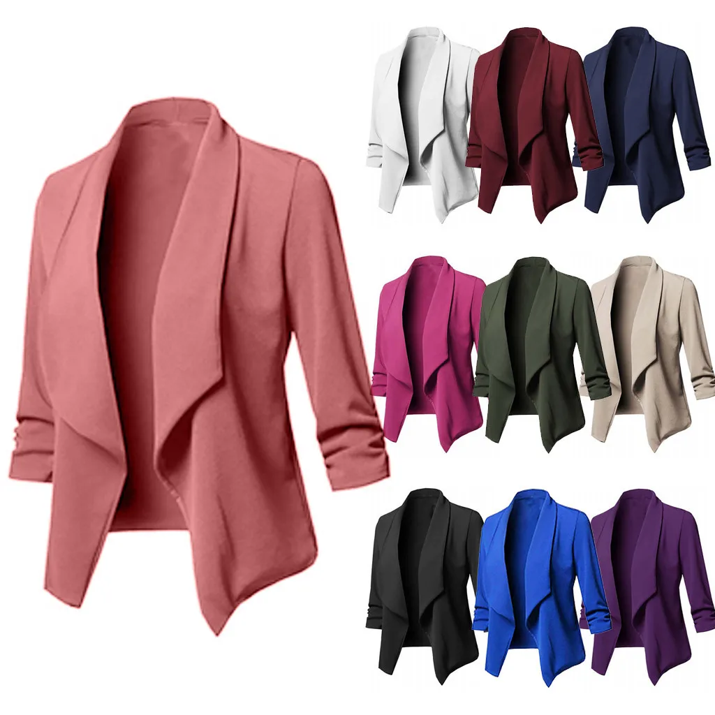 Business Women Fashion Office Wear Open Blazer Coat Vintage Long Pleated Sleeves Flap Pockets Female Outerwear Chic Tops