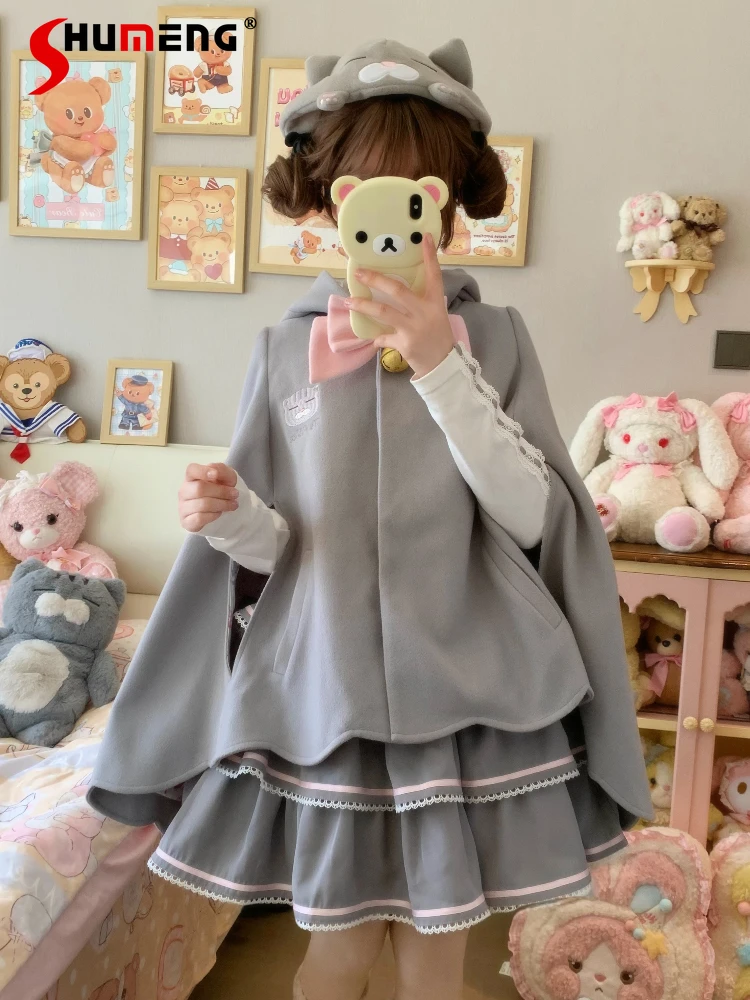

Original Japanese Sweet Cute Cloak Coats Cartoon Embroidery Hooded Bow Loose Versatile Lolita Woolen Capes Jackets Women Winter