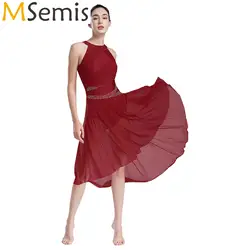 Womens Asymmetrical Hem Ballet Lyrical Modern Dance Dresses Sparkly Rhinestones Gymnastics Artistic Skating Costume Ruched Dress