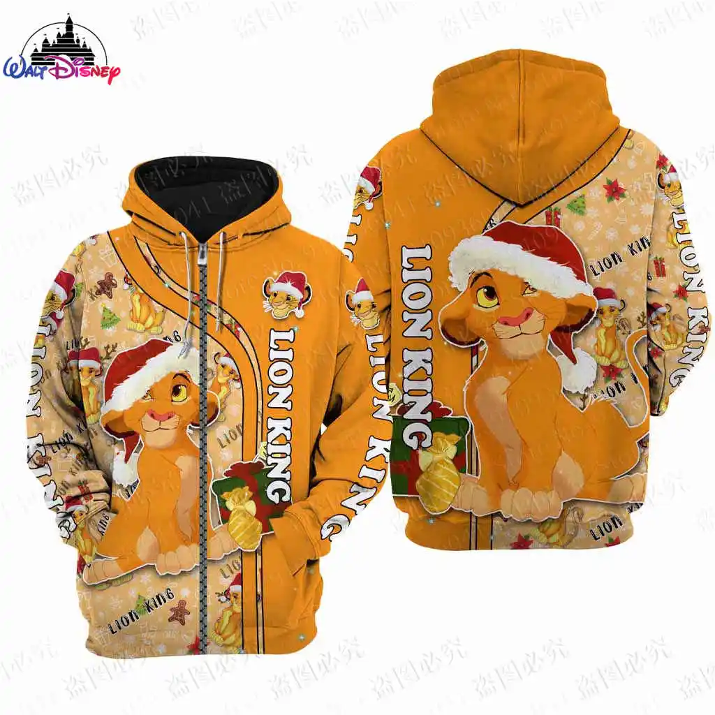 Disney-Sweat à capuche imprimé en 3D Smile Zipper pour hommes et femmes, vêtements parent-enfant, pull de Noël, le roi discutant