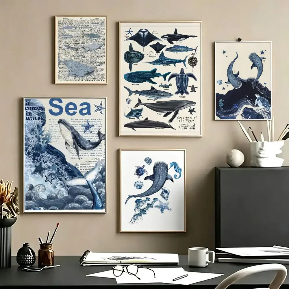 art Whale and Shark Seashells Marine Life HD Self Adhesive Waterproof Art Print Wall Decor for Bedroom Living Room Home Gift