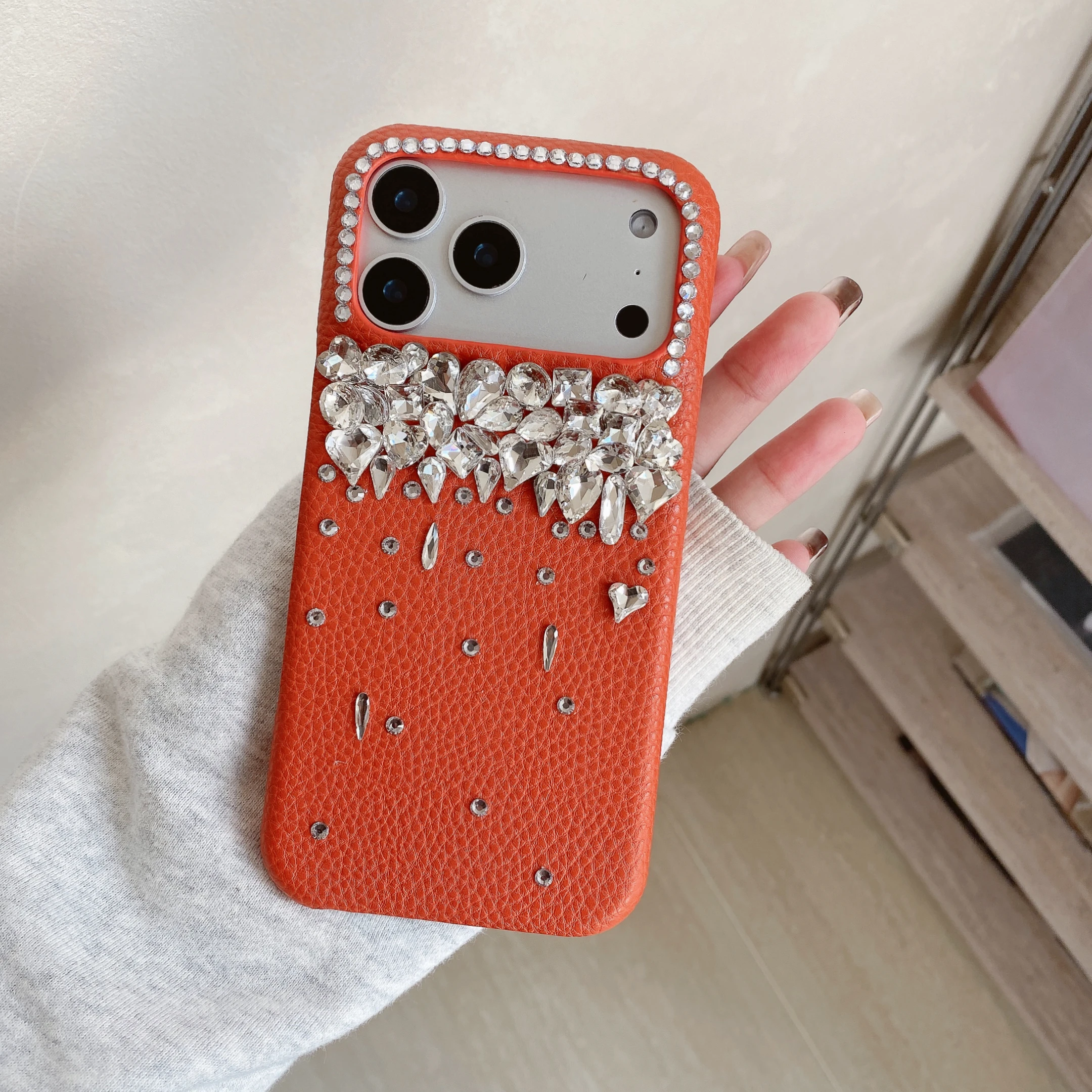 Orangefarbene Leder-Glitzer-Diamant-Handyhülle für iPhone Air 17 16 Plus 12 13 14 15 Pro Max, luxuriöse Bling-Strass-Schutzhülle