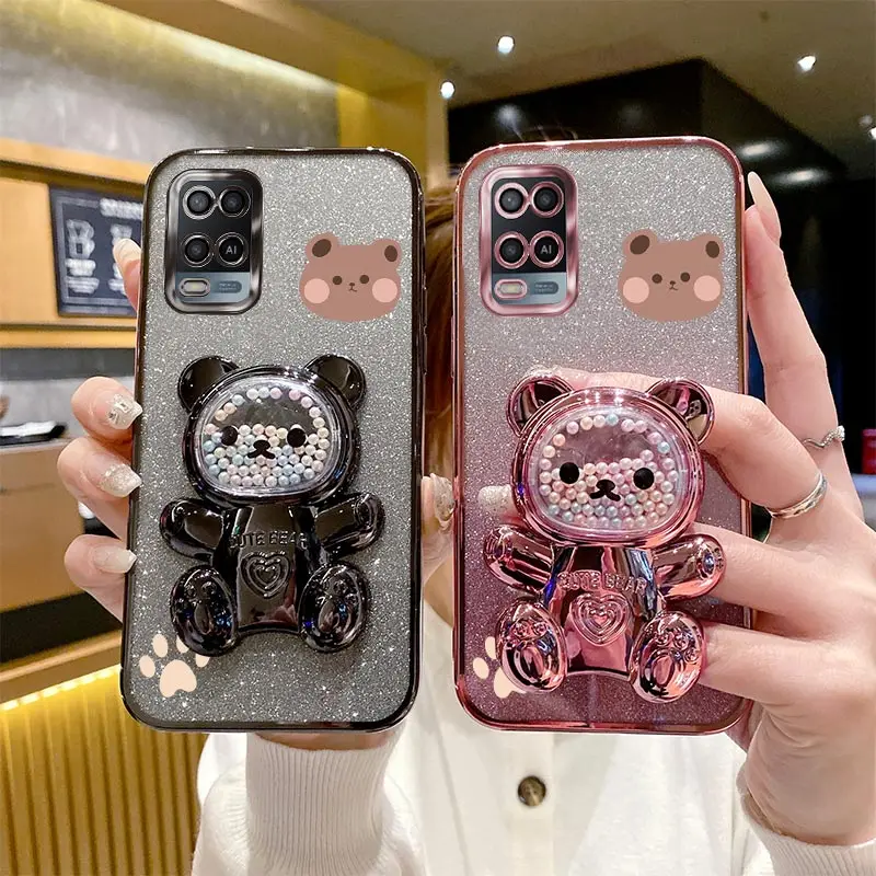 A 54 Glitter Bling Bear Phone Holder Case On For Oppo A54 4G OppoA54 Stand Cover