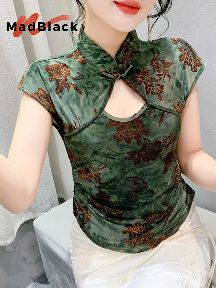 

MadBlack New Chinese Clothes Tshirts Women Sexy Stand Collar Print Frog Slim Mesh Tops Short Sleeve Tee S-3XL Summer T46659JC