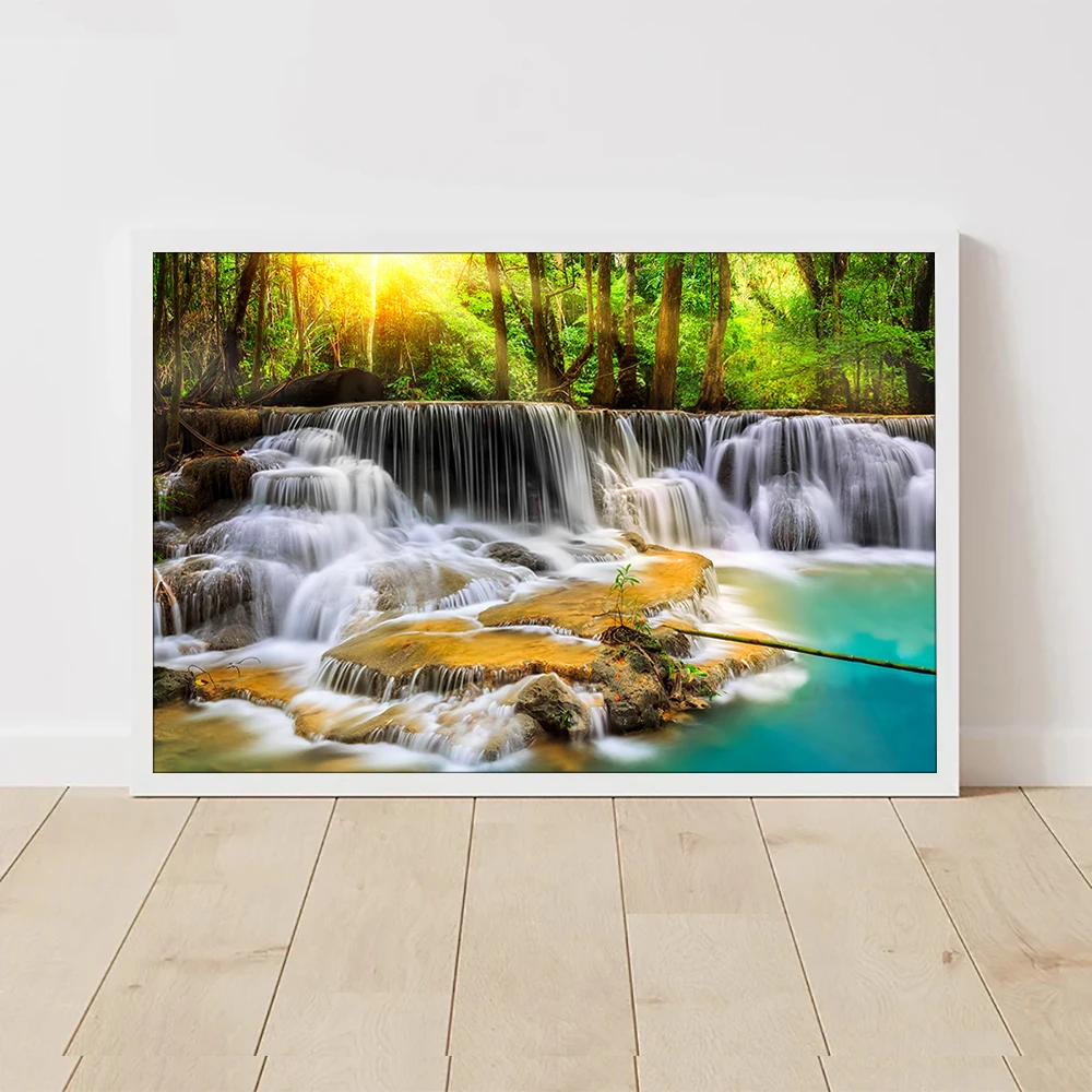 Forest Waterfall Landscape Canvas Painting Wall Art Poster Print Home Room Decor Items Illustration
