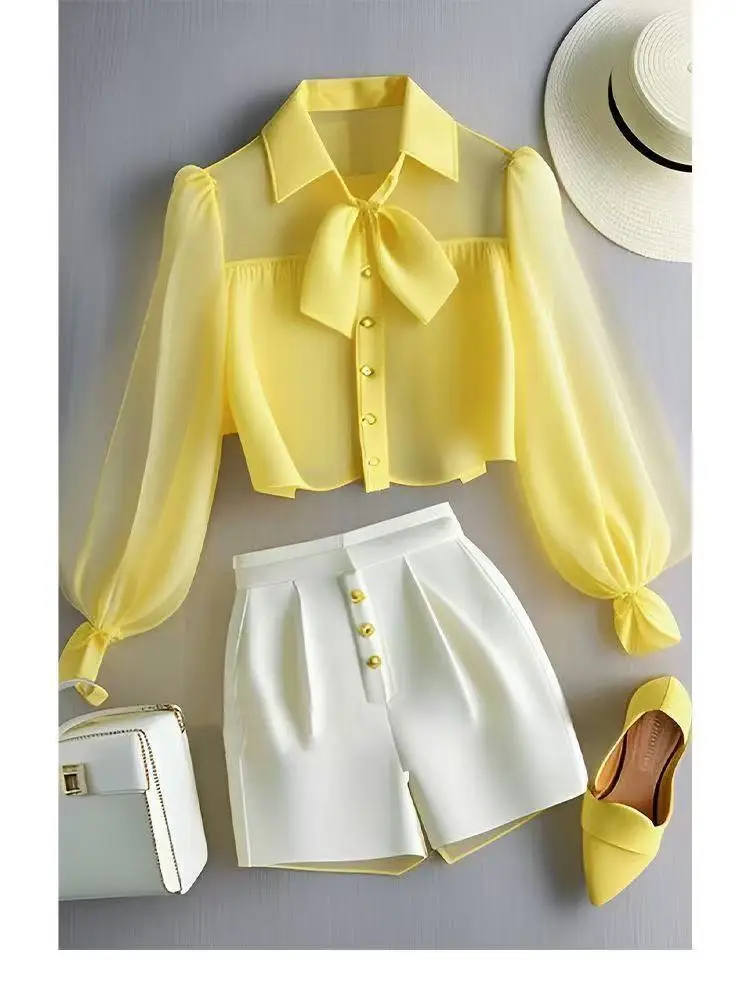 2 Piece Outfits Chiffon Yellow Color Bow Neck Perspective Top OL Shirt White Casual Pants Sets Spring Summer Suit Women Blouse