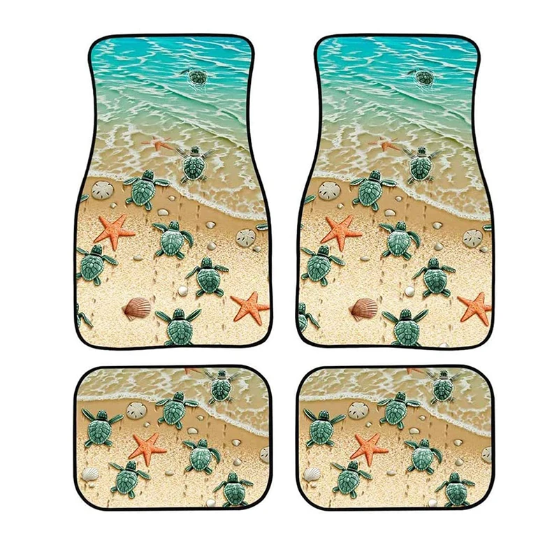 Rubber Water And Dirt Resistant Material Easy Disassembly Cleaning Beach Sea Turtle Printing Style Car Foot Mat 4PCs