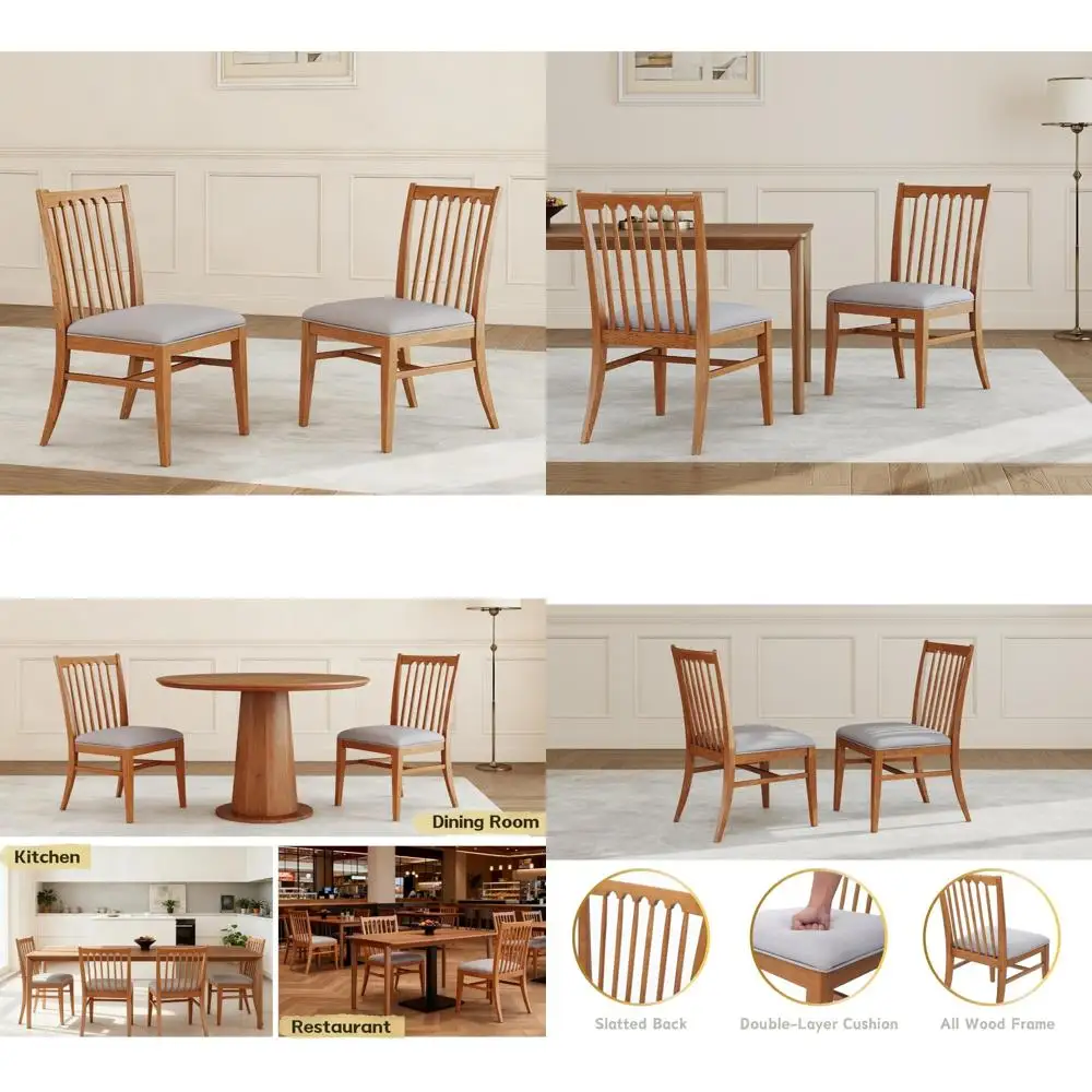 Pair of Natural Wooden Slat Back Upholstered Dining Chairs with Double-Layer Cushion for Farmhouse Style