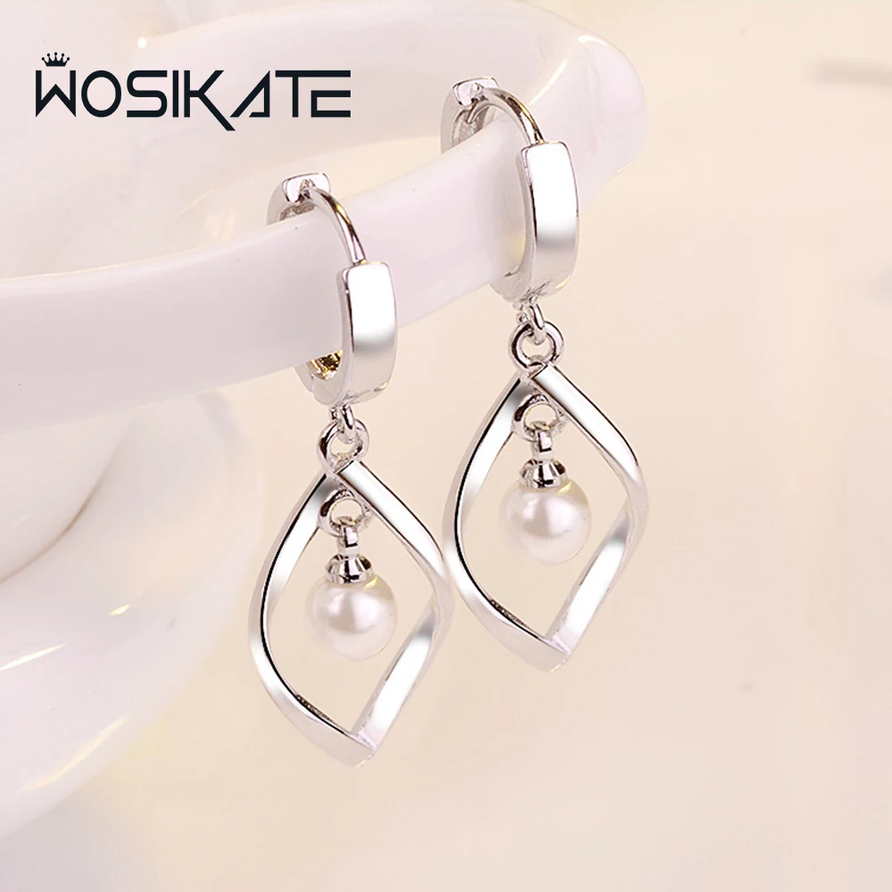 

WOSIKATE 925 Sterling Silver Pearl Earrings For Women Simple Fashion Jewellery Geometric Drop Earrings Anniversary Gifts