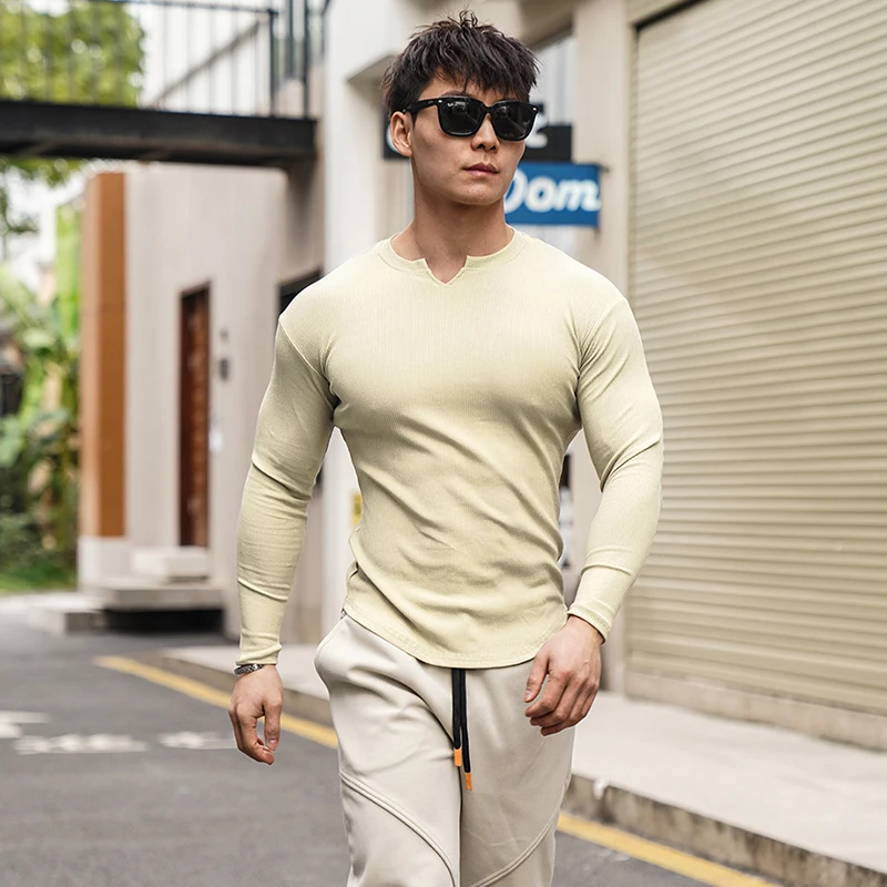 Men's Split O-Neck Long Sleeve T-Shirts Spring Autumn Simple Versatile Tight Pullover Tees Man Ribbed Breathable Sports T-Shirts