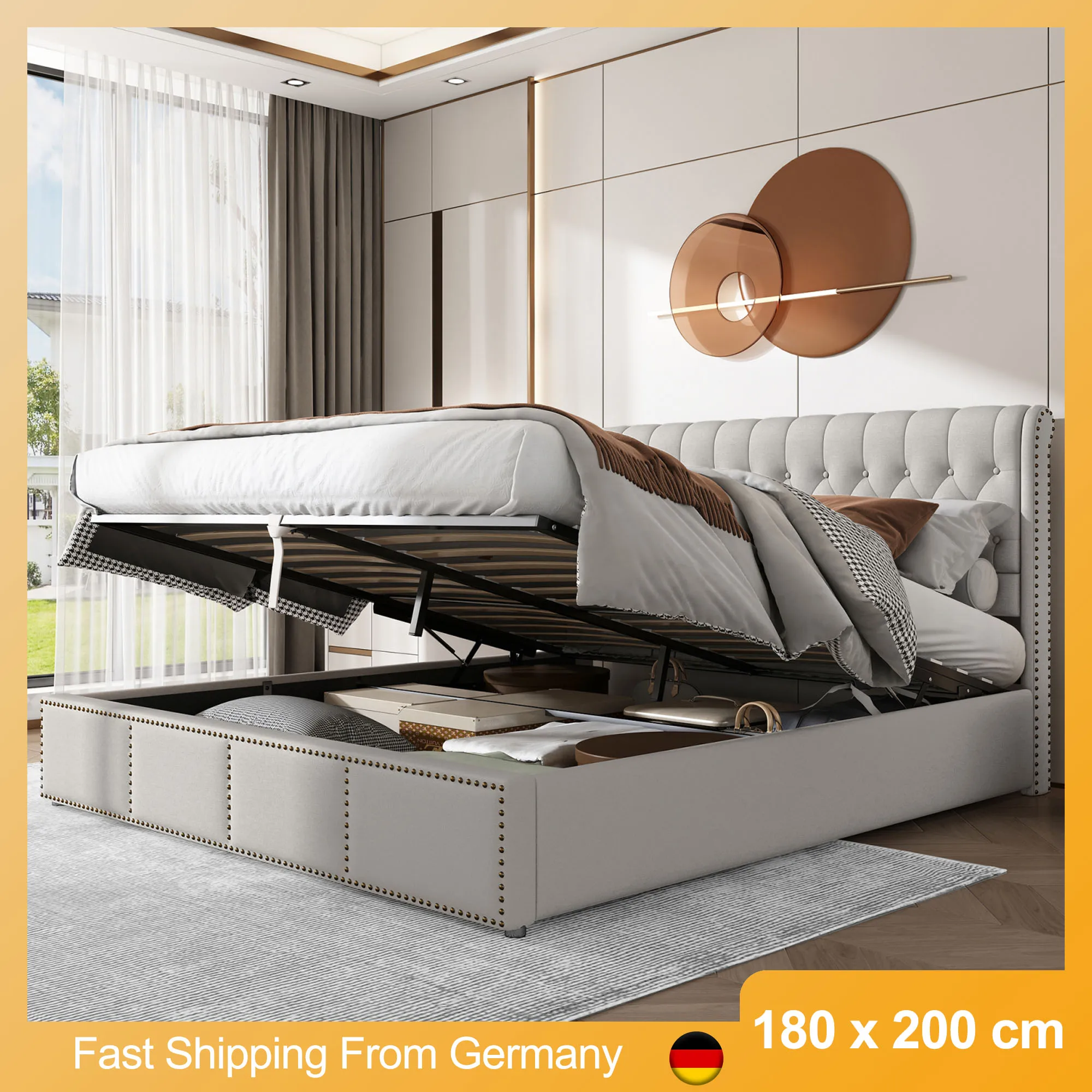 Light Gray Linen Upholstered Bed, Double Bed Frame 180 x 200 cm, Hydraulic Storage Bed with Slatted Frame and Copper Rivet Decor