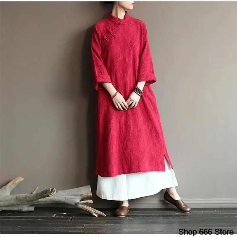 Traditional Chinese Women's Cheongsam Cotton Linen Robe New  Female Robe Retro Femeal Top Skirt Shirt HanfuTang Suit Party Dress