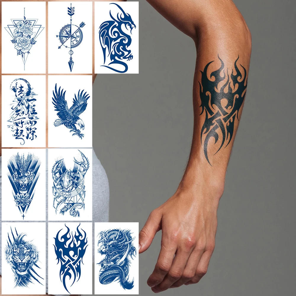 10Pcs Semi Permant Waterproof Juice Temporary Fake Tattoos Sticker,Blue Totem Dragon Compass Eagle Tiger Woman Man Cool Body Art