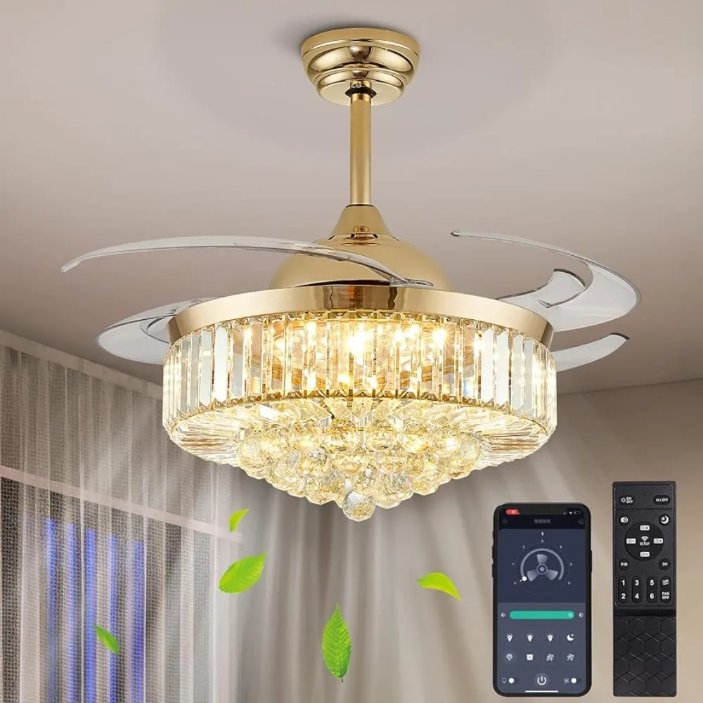 Ventilador de techo de cristal dorado, luz LED regulable, ligero y remoto, moderno, 48 pulgadas