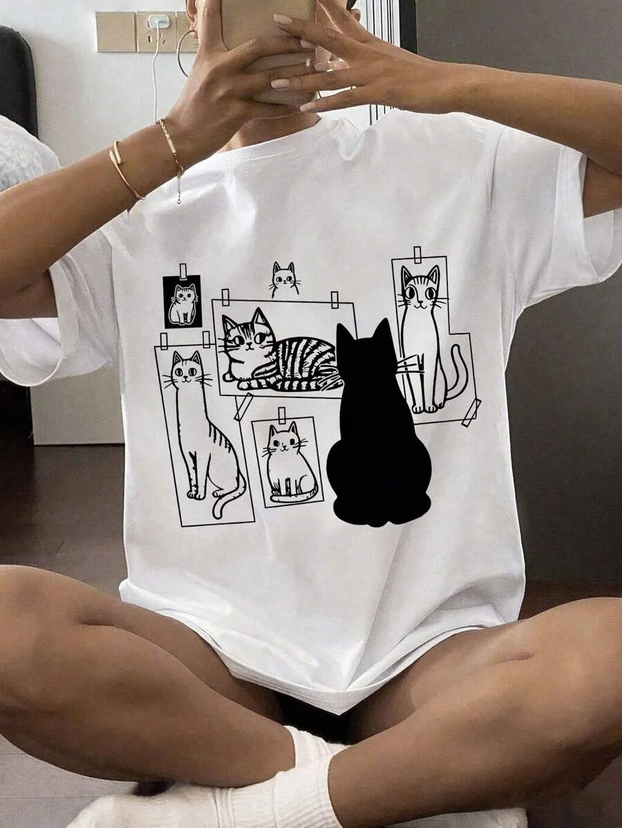 

Plus - Size Suitable cute cat print, women's T-shirt, soft and comfortable fabric, Y2k style