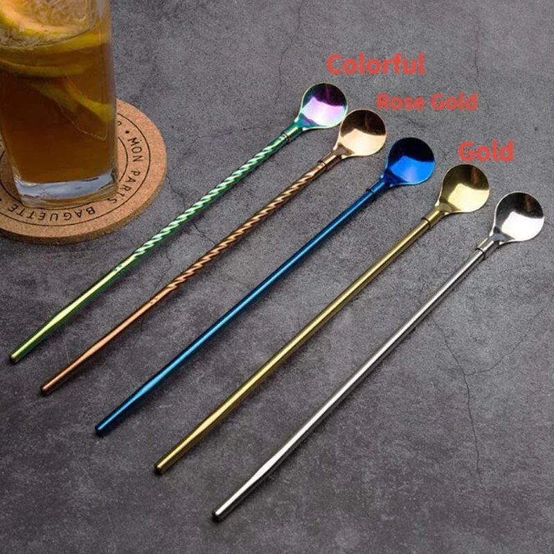 1pcs Mixing Spoon Reusable Straw Spoon SUS304 Stainless Steel Cocktail Stirring Spoon Milk Coffee Bar Accessories