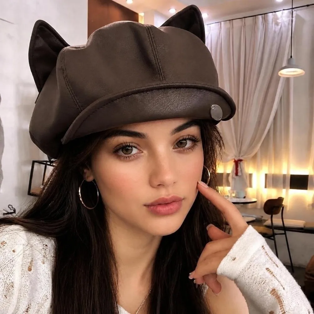 Elegant PU Leather Cat Ear Beret Black/Coffee Retro Style Leather Beret Hat Cute Ear Design Peaked Cap All Seasons