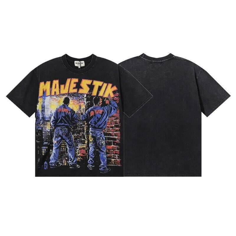 MAJESTIK Urban street brand hip-hop print washed and distressed cross-border trendy men and women loose short-sleeved T-shirt