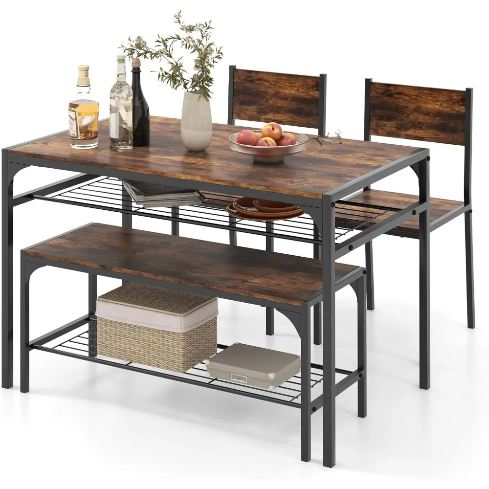 طقم طاولة طعام مكون من 4 قطع، وطاولة مطبخ وكرسيين لـ 4 أشخاص مع مقاعد، ورفوف تخزين، وإطار معدني وتصميم موفر للمساحة #1