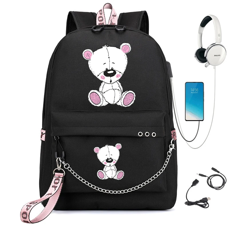 Niedliche Zeichnung Teddy Print Schult asche für College-Studenten wasserdichten Rucksack trend ige Mädchen Cartoon Anime Laptop-Rucksäcke