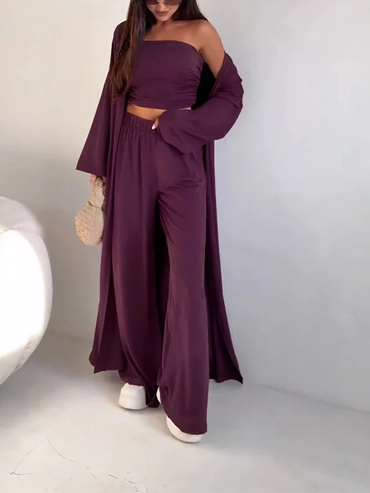 

Fashion Long Sleeved Shawl Jacket Holiday Suit Female Simple Solid Color Loose Pants Outfit Spring Summer Casual Three Piece Set