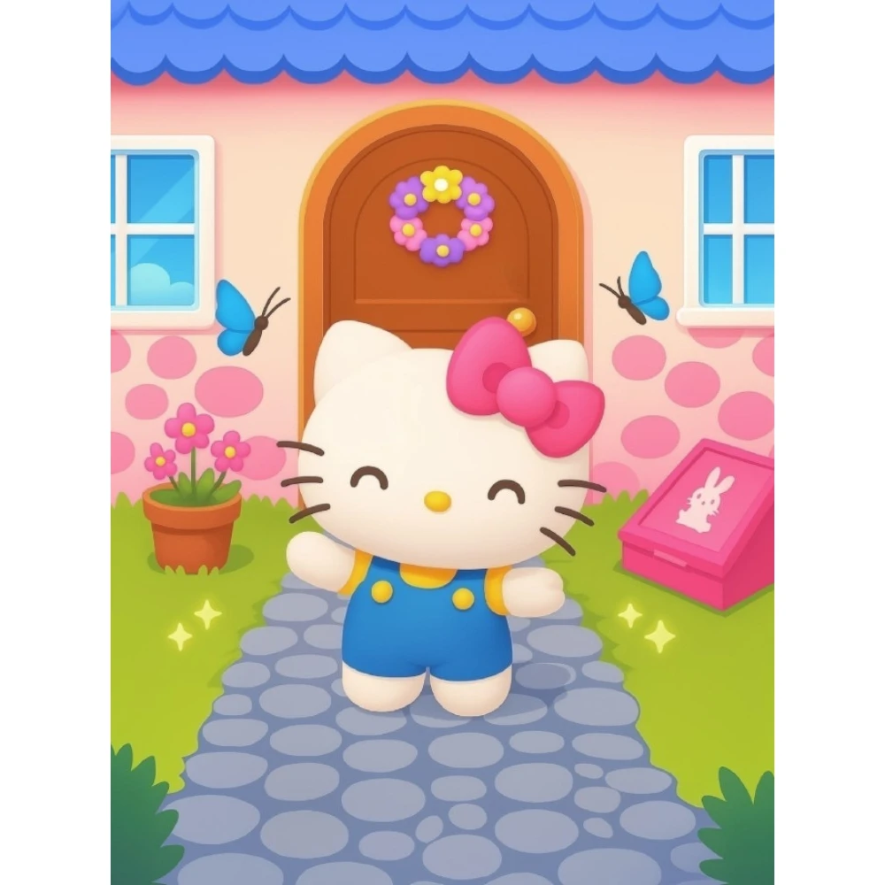 Oil Painting By Numbers Cute Hello Kitty Pink House Garden Sanrio Canvas Art Wall Decor for Living Room Gift,Frameless