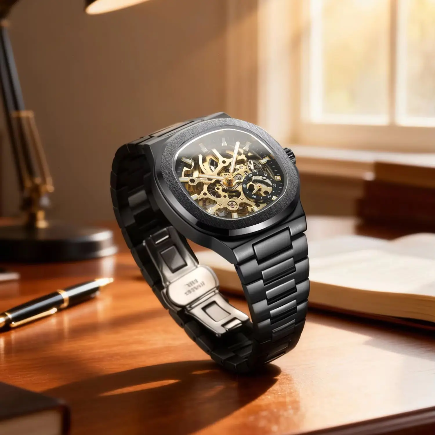 Forsining Business Mechanical Watch for Men Fashion Square Skeleton Automatic Watches Stainless Steel Strap Casual Wristwatches