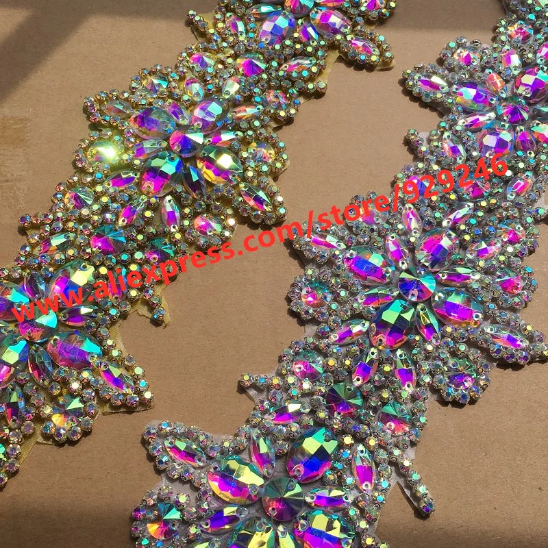 Gorgeous Gold AB Glass Crystal Applique For Evening Dress Gown Decoration Long Flower Trims For Dancing Costumes Embellishments