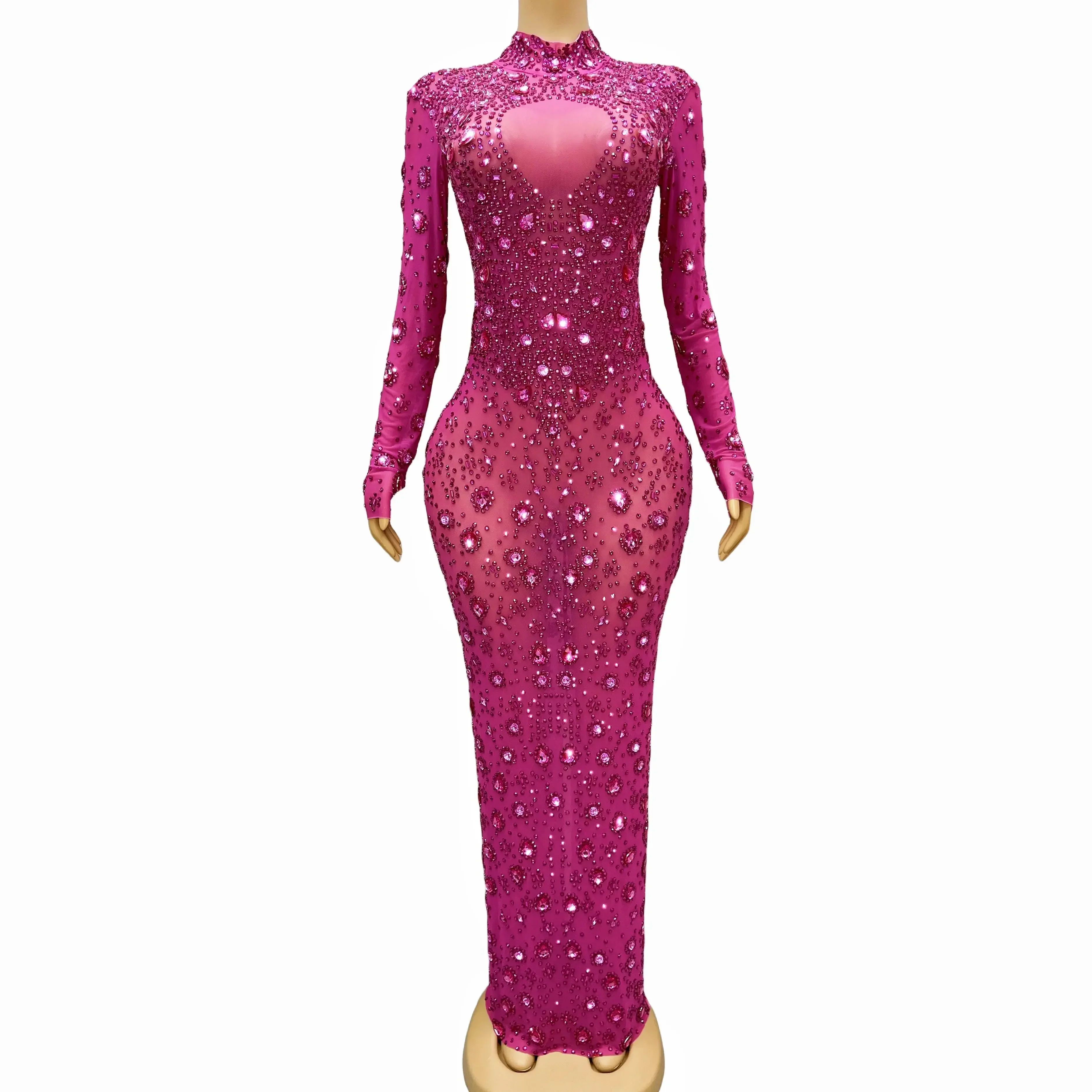 Brilliant Rose Rhinestones Long Sleevees Dress Birthday Party Sexy  Crystals Outfit Singer Performance translucent Costume