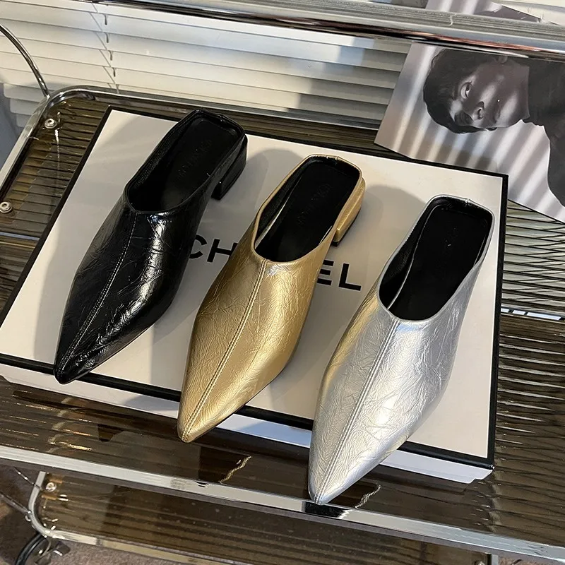 Shoes Woman's Slippers Loafers Luxury Slides Female Mule Cover Toe Square Heel on A Wedge Heeled Mules Low Designer Block