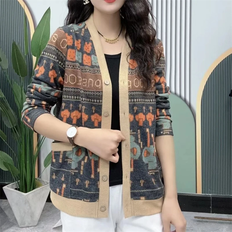 Women Vintage Print Elegant Single Breasted Knitted Cardigan 2023 Autumn Fashion Casual V Neck Long Sleeve Pockets Sweater Coat