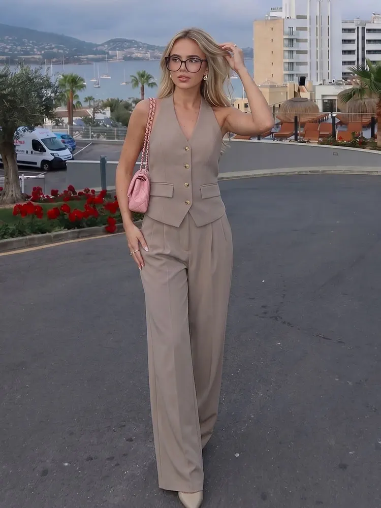HH Woman Vintage Halter Neck Vest Zip Straight Trousers 2 Piece Set For Women Spring Summer Casual Fashion Holiday Beach Suits image 3