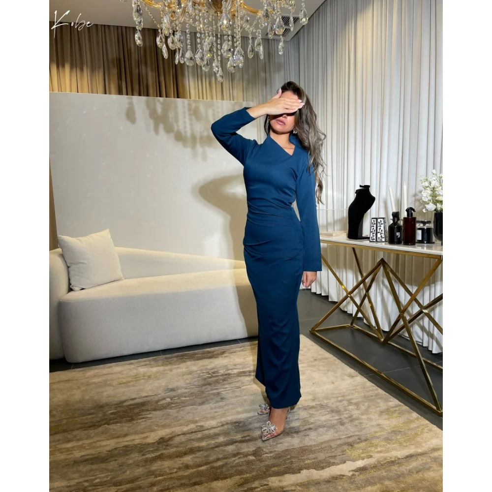 

Kobe MermaidHigh Neck Long Sleeves Prom Dress Ankle-Length Wedding Dresses Emulation Silk Navy Blue vestidos de noche Customized