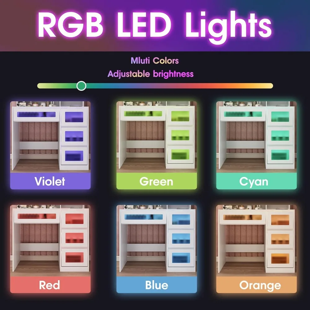 Schminktisch mit Schiebespiegel und Lichtern, 4 Schubladen und Ladestation, LED-Licht