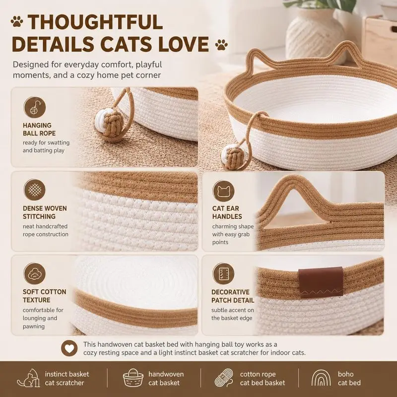 35/40/46cm Handwoven Cotton Rope Cat Basket Bed with Cat Ear Handles Ball Toy Indoor Cat Nest Sleeping Basket