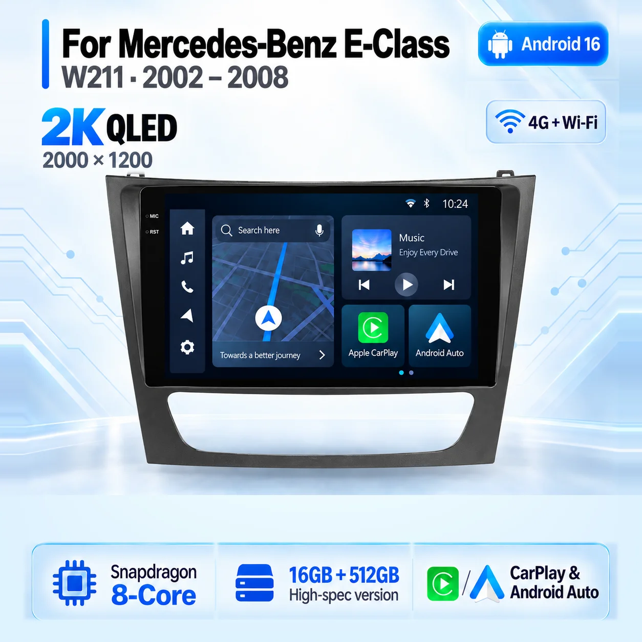 Android 16 Carplay Auto 2K Screen Car Radio Multimedia Player For Mercedes Benz E-class W211 2002 - 2008  2din Autoradio Stereo