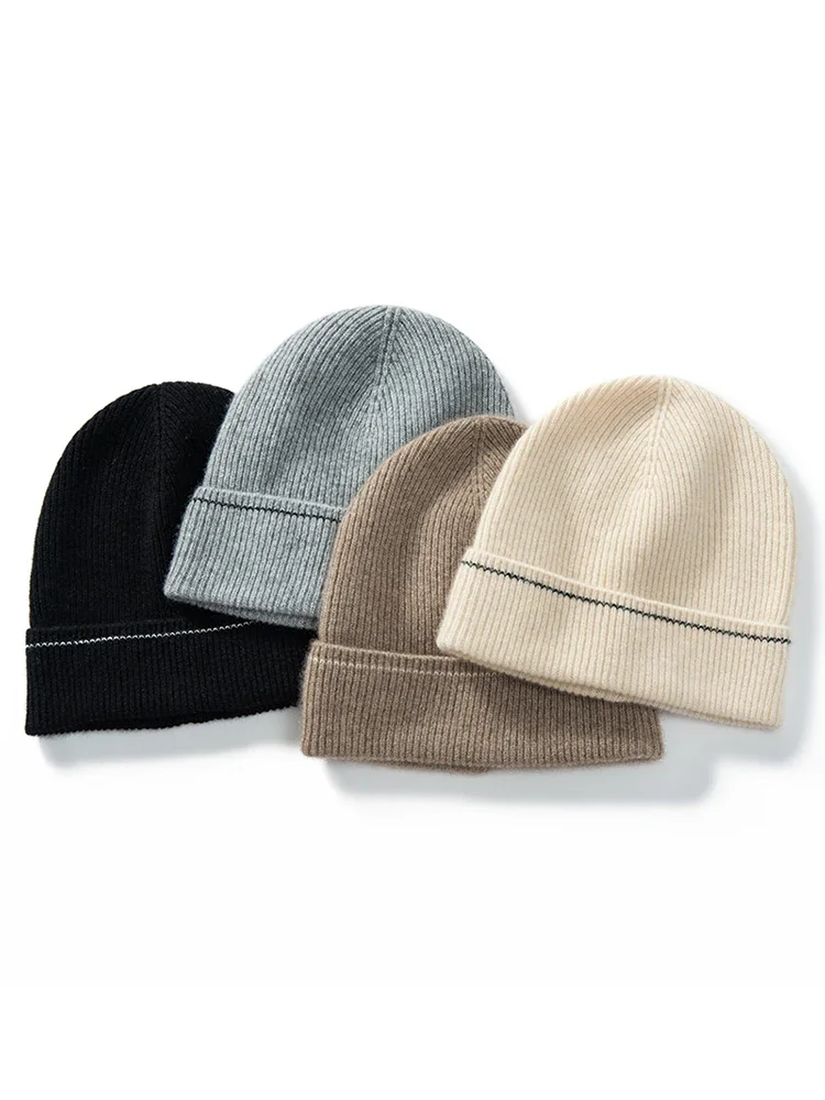 100% Premium Cashmere Knitted Beanies Women Men Trawler 2024  Autumn Winter Hat Soft Warm Ribbed Fisherman Hair Bonnet