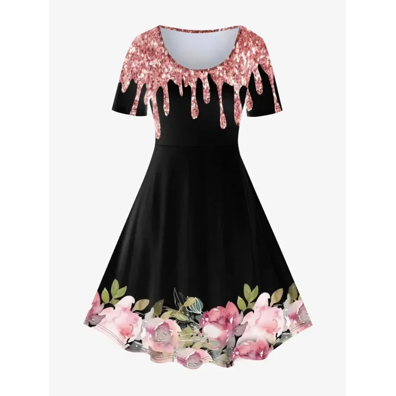 NewROSEGAL Plus Size Vintage 3D Printed Dresses S-5XL Summer Casual Women Knee Length Dress Streetwear Fit And Flare Vesdo ER162