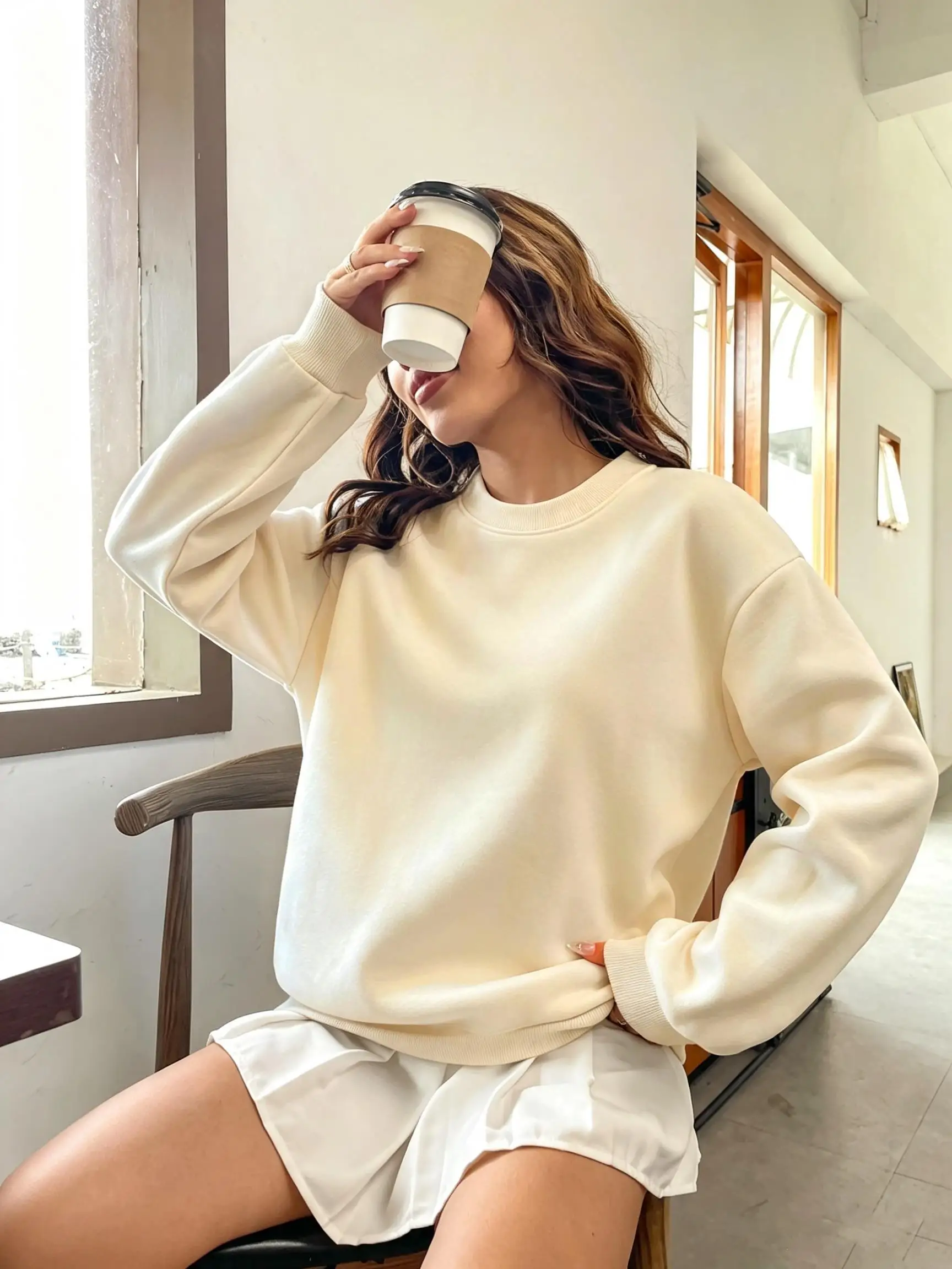 Korean Oversized Solid Color Women Streetwear Crewneck Y2K Sweatshirt Fleece Pullover Casual Autumn Jogging Woman Clothing