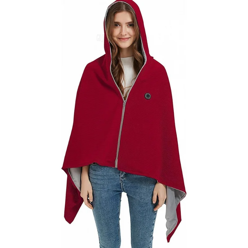 USB Wearable Heated Shawl Wrap Poncho Cape, Zip Front Hands-Free Heating Blanket, Double Sided Soft Warm Throw for Home Office