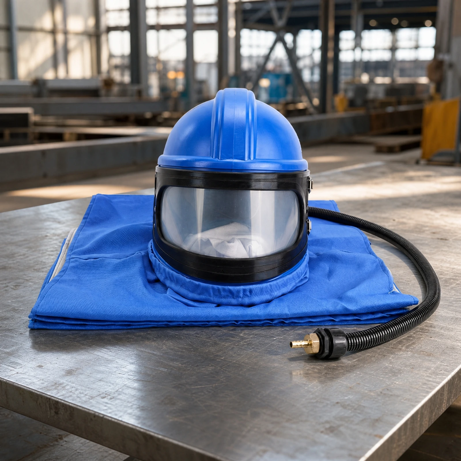 Air Fed Sandblasting Helmet Adjustable Air-Supplied Blasting Helmet Sandblasting Hood with Cape Hands-Complimentary